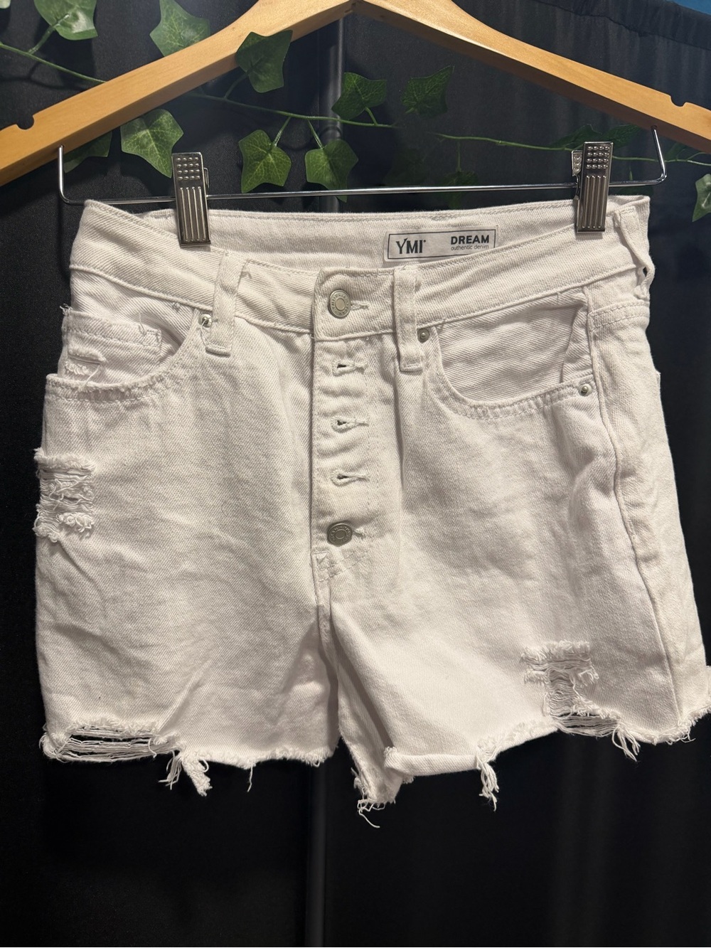 YMI Dream White Distressed High-Rise Button-Fly Shorts